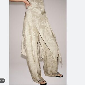 Zara ZW Collection Jacquard Wide Leg Pleated Pants Brown Satin Trouser Womens S